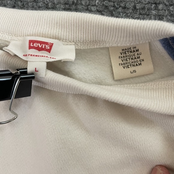 Levi's Sweatshirt Large Unisex Cream Blue Raglan Crewneck Pullover Chest Logo - Picture 6 of 7